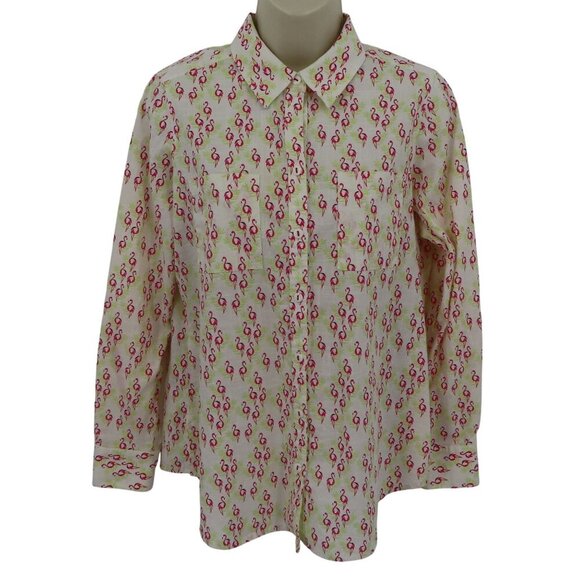 Foxcroft Women 6 Pink Flamingo Green Palm Leaf Collared Button Shirt Top Blouse - Picture 1 of 12